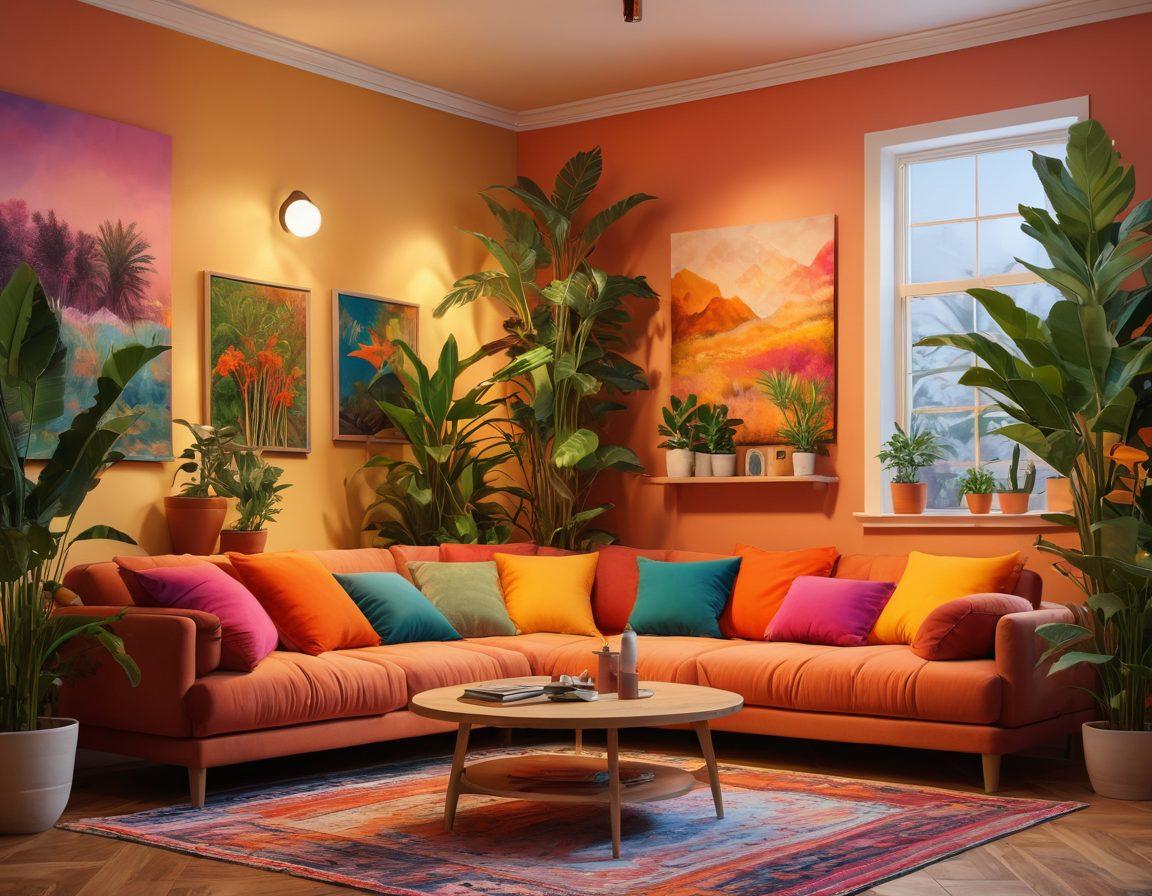 A warm and inviting cozy room filled with diverse individuals engaging in open discussions, sharing ideas and experiences. Soft, ambient lighting creates a relaxing atmosphere with cushions and plants around. On the walls, colorful art promoting inclusivity and sex positivity. Friendly expressions and laughter add to the welcoming vibe. super-realistic. vibrant colors. cozy atmosphere.
