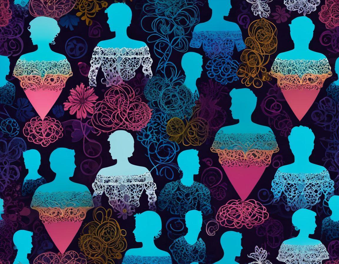 A colorful and abstract representation of the kink spectrum, featuring diverse symbols representing various fetishes and intimate relationships like ropes, masks, and hearts. Include silhouettes of individuals communicating with one another, expressing trust and consent. The background should be a gradient of soft, inviting colors, creating a warm and inclusive atmosphere. Incorporate delicate elements such as flowers or lace to soften the portrayal. vibrant colors. 3D.