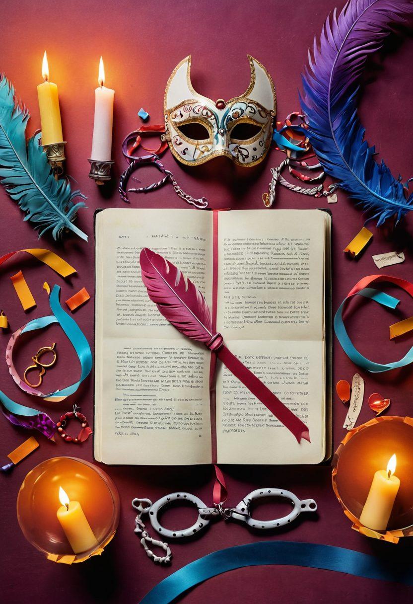 A visually captivating scene featuring an open diary filled with colorful ribbons and playful sticky notes, surrounded by symbolic items representing various kinks: a feather, a mask, handcuffs, and candles. Soft, warm lighting creates an inviting atmosphere, while hints of abstract patterns in the background evoke a sense of exploration and empowerment. super-realistic. vibrant colors. warm background.